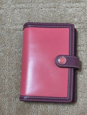 Coach small Planner. Pink Leather Snap Wallet With Dark Purple Trim.